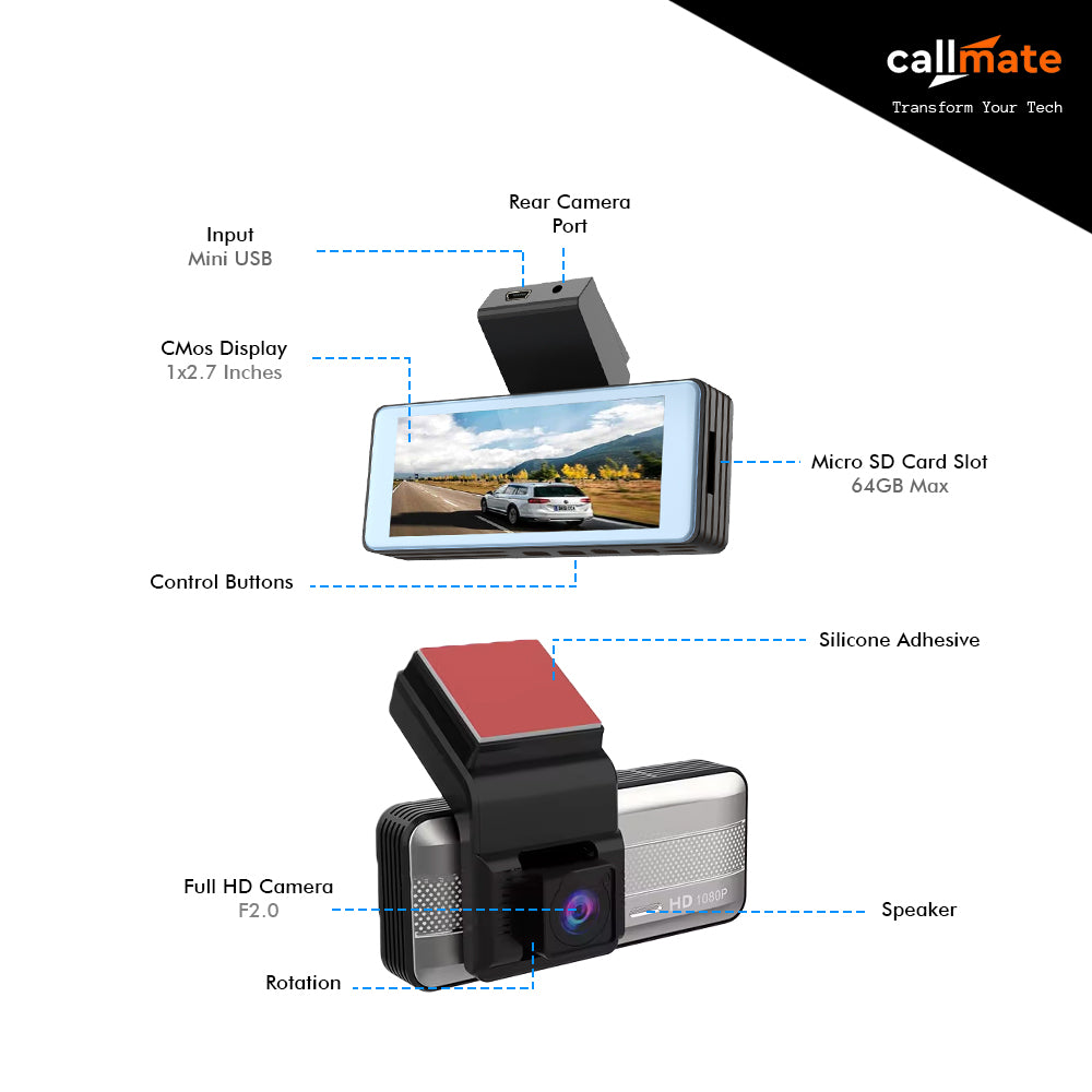 Car Dashboard Camera Full HD 1080p with Rear Camera