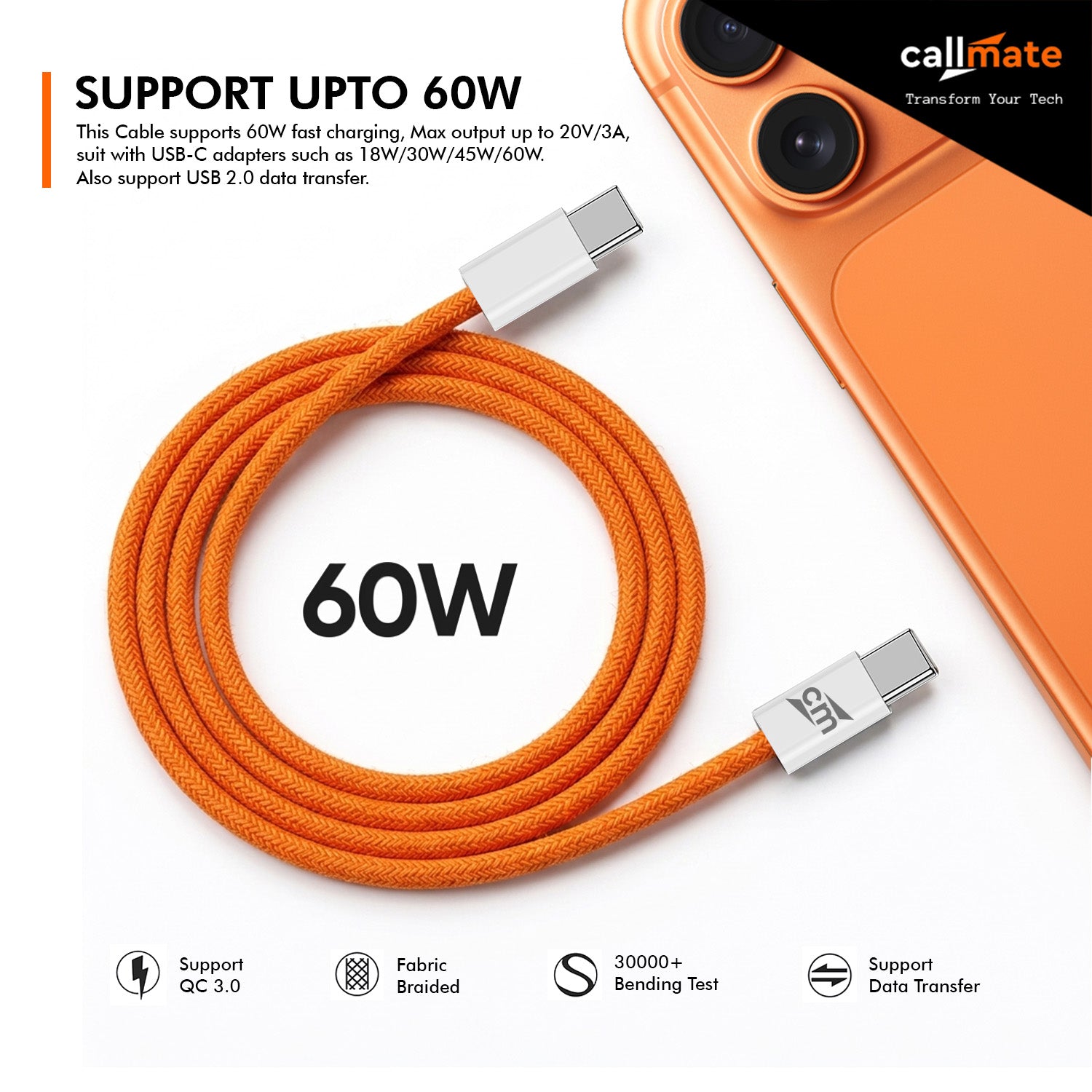 60W USB-C to USB-C Data & Charging Cable (1M, Orange)
