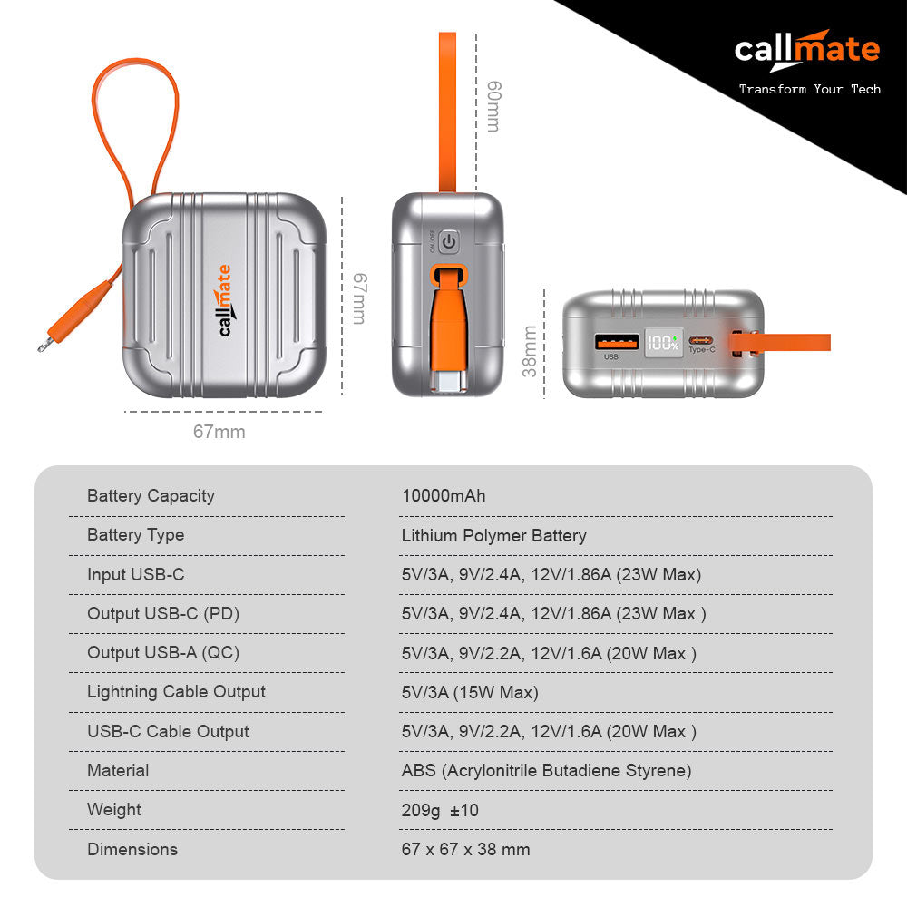 Minitrunk Power Bank 10000mAh with Retractable Cable