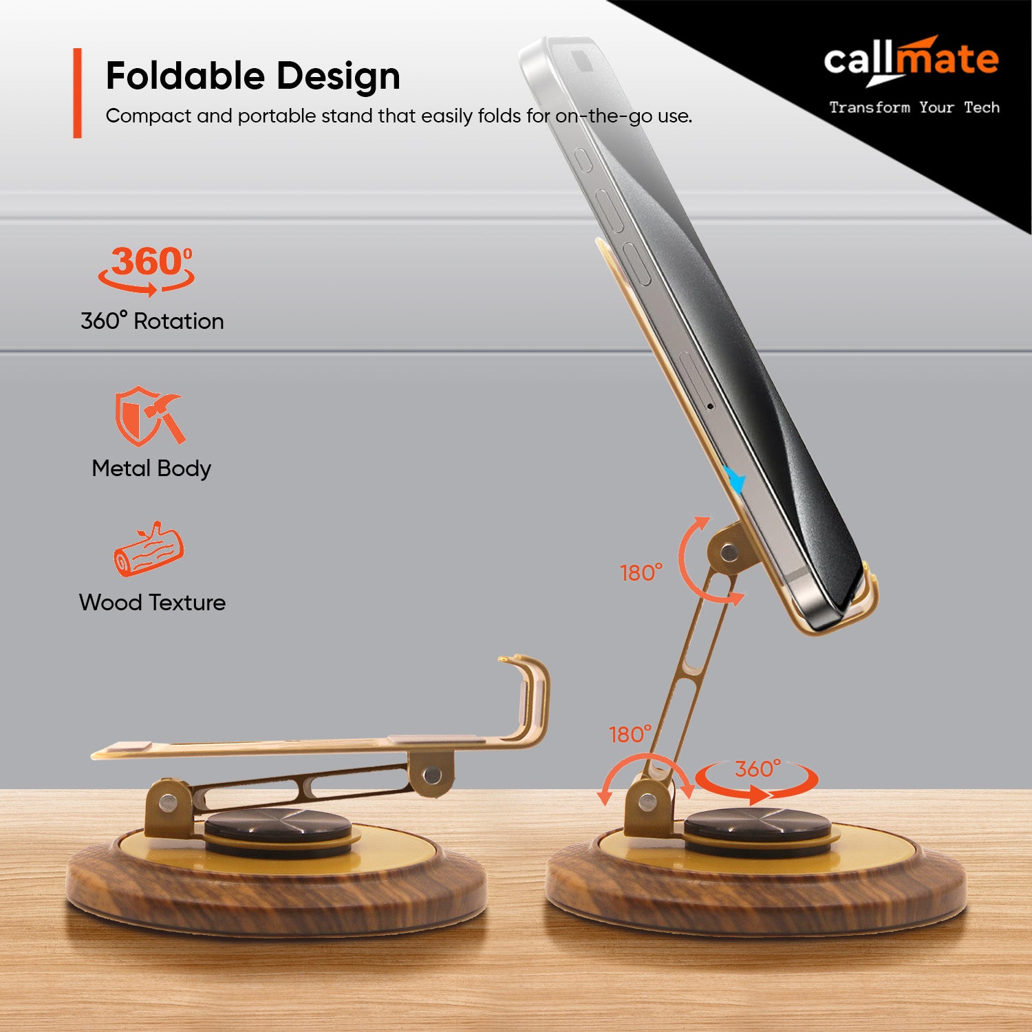 360° Metal Mobile Stand (Wooden Texture)